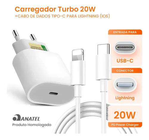 Carregador Turbo P/ iPhone 8 Plus X Xr 11 12 13 14 Pro Max Cor Branco Boyu Cell